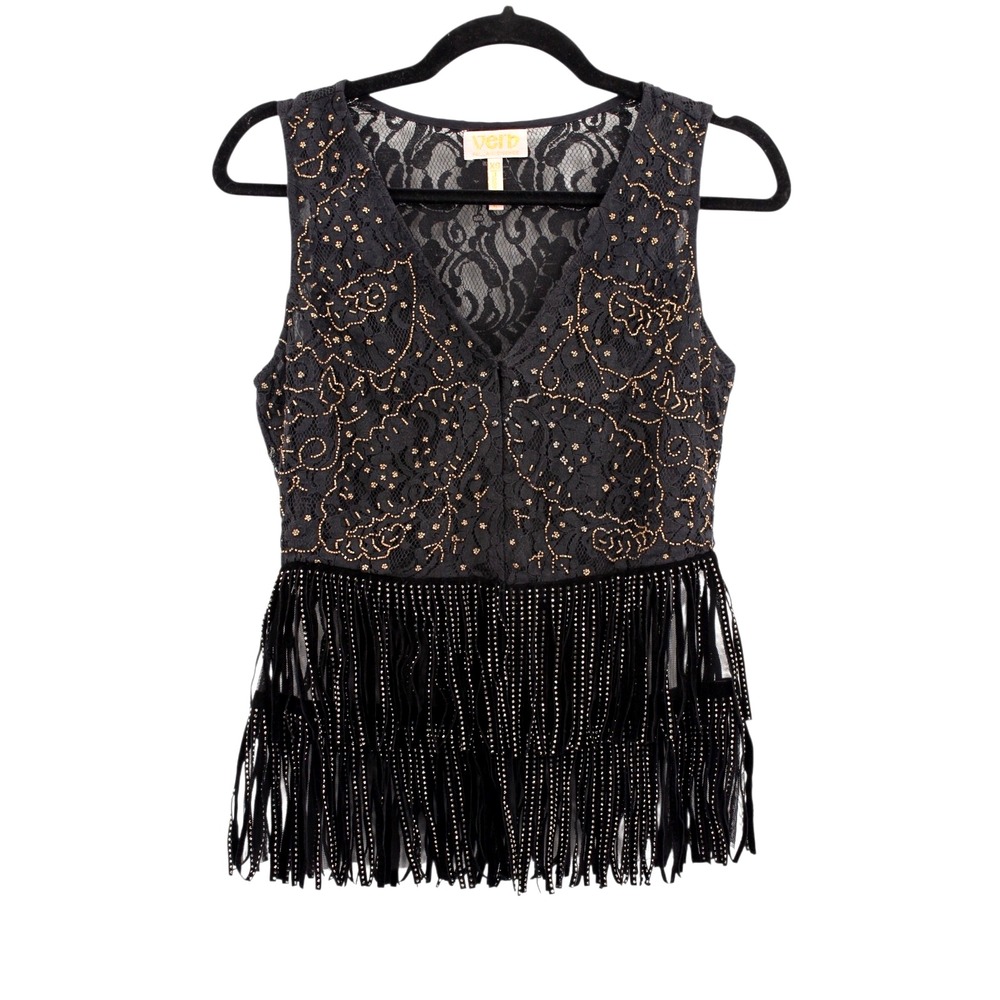 Anthropologie Verb Vest Tank Top XS by Pallavi Singhee Beaded‎ V-Neck Fringe